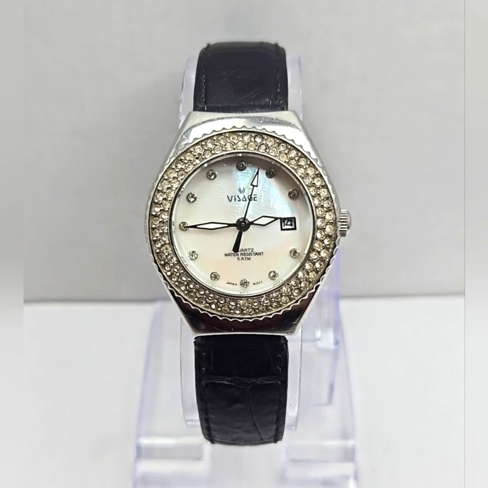 Womens Visage Silver Tone MOP Pave Crystal Quartz Date 30MM Watch New Battery